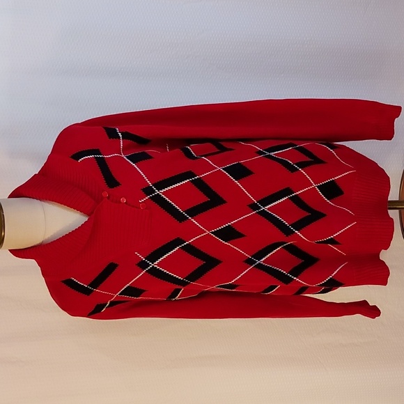 Liz Claiborne Women Sweater Red Black Argyle Shawl Collar Buttons Size 2X Preppy - Picture 1 of 11